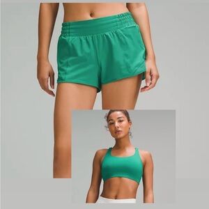 Lululemon SET: Green Hotty Hot 2.5 Inch High Rise Shorts & Matching Energy Bra